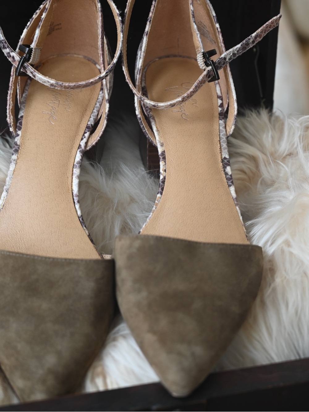 Crown Vintage Olive Suede Pointed Toe Ankle Strap Heels